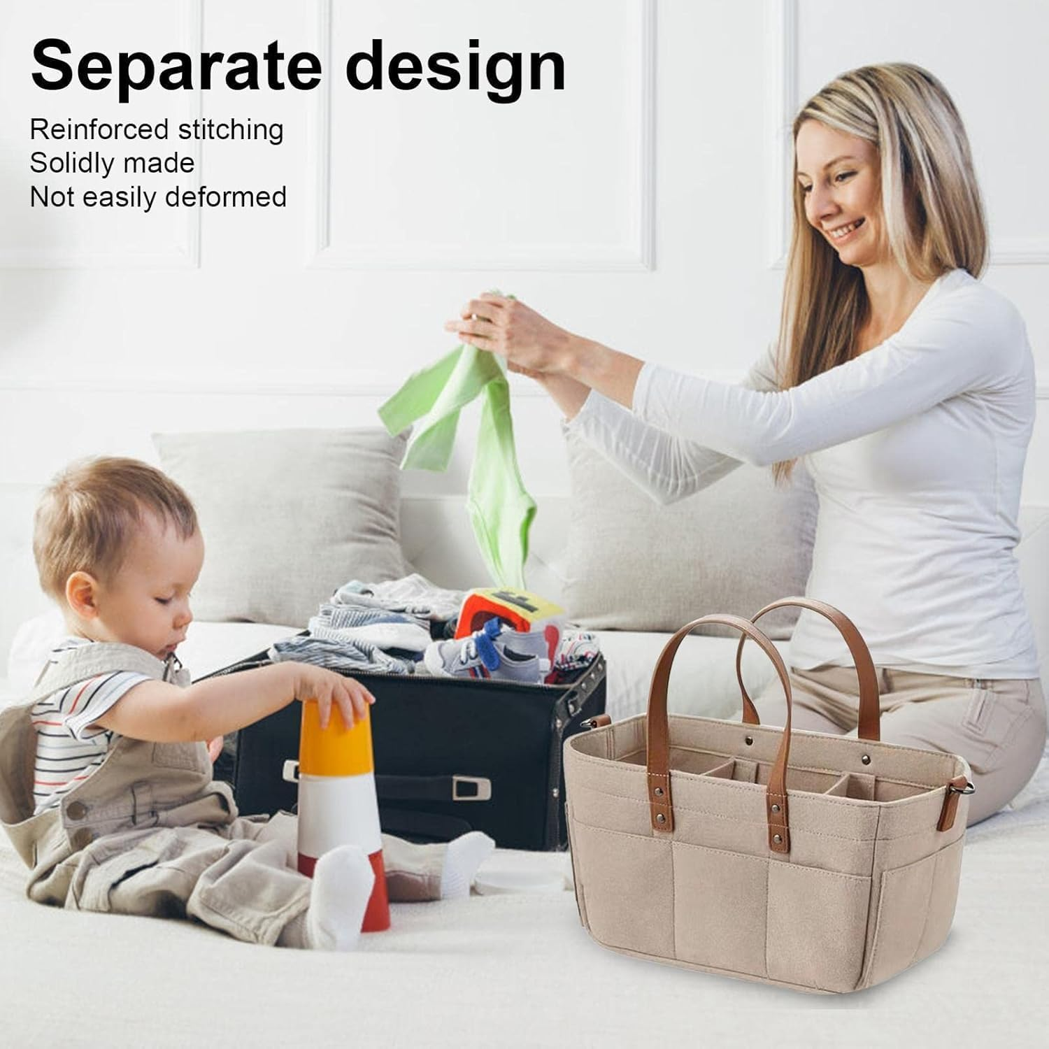 BEANPRECOY Diaper Organizer Felt Large Capacity Baby Travel Storage Bag Portable Mom Bag Hand Bag Foldable Baby Travel Storage Bag Felt Cloth Nursery Storage Bin for Diaper Toys Bottles Wipes Books image number 1
