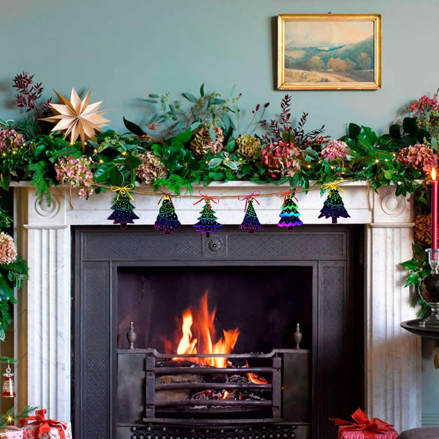 96Pcs Christmas Tree Scratch Art Kit - Rainbow Color Scratch Ornaments - Hanging Craft Art Kits with Wooden Stick and Ribbon - for Kids Christmas Winter Party Favors image number 3