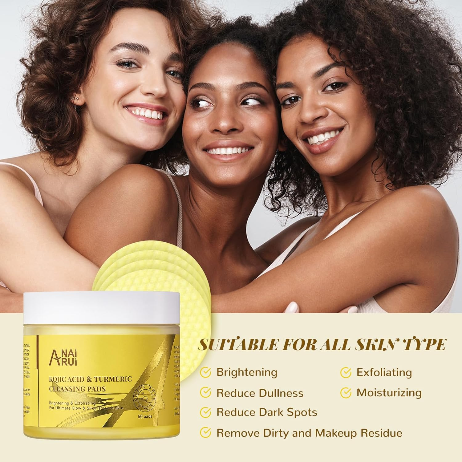 ANAI RUI Turmeric Kojic Acid Exfoliating Cleansing Pads, Deep Cleansing Brightening Pads, Exfoliating Scrub Pad for Face and Body, Acne Treatment, Make-Up Remover Wipes, 50 PCS image number 2