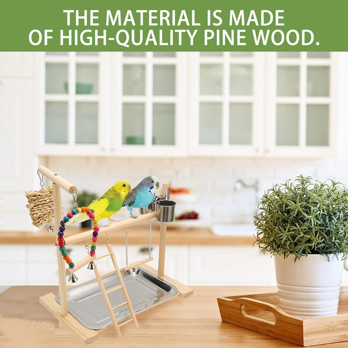 AIMALL Parrot Wooden Playground with Climbing Ladder Swing and Feeding Stand &ndash; Zanthoxylum Wood Interactive Activity Rack for Small and Medium Birds 16.14In X 14.17In image number 6