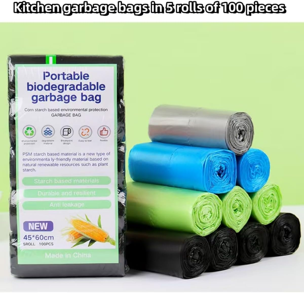 Biodegradable Trash Bags Waste Bag100Pcs, Garbage Bags 20L Kitchen Trash Bags, Small Garbage Bags, Compost Bags for Food/House/Garden (Green) - Blue image number 3