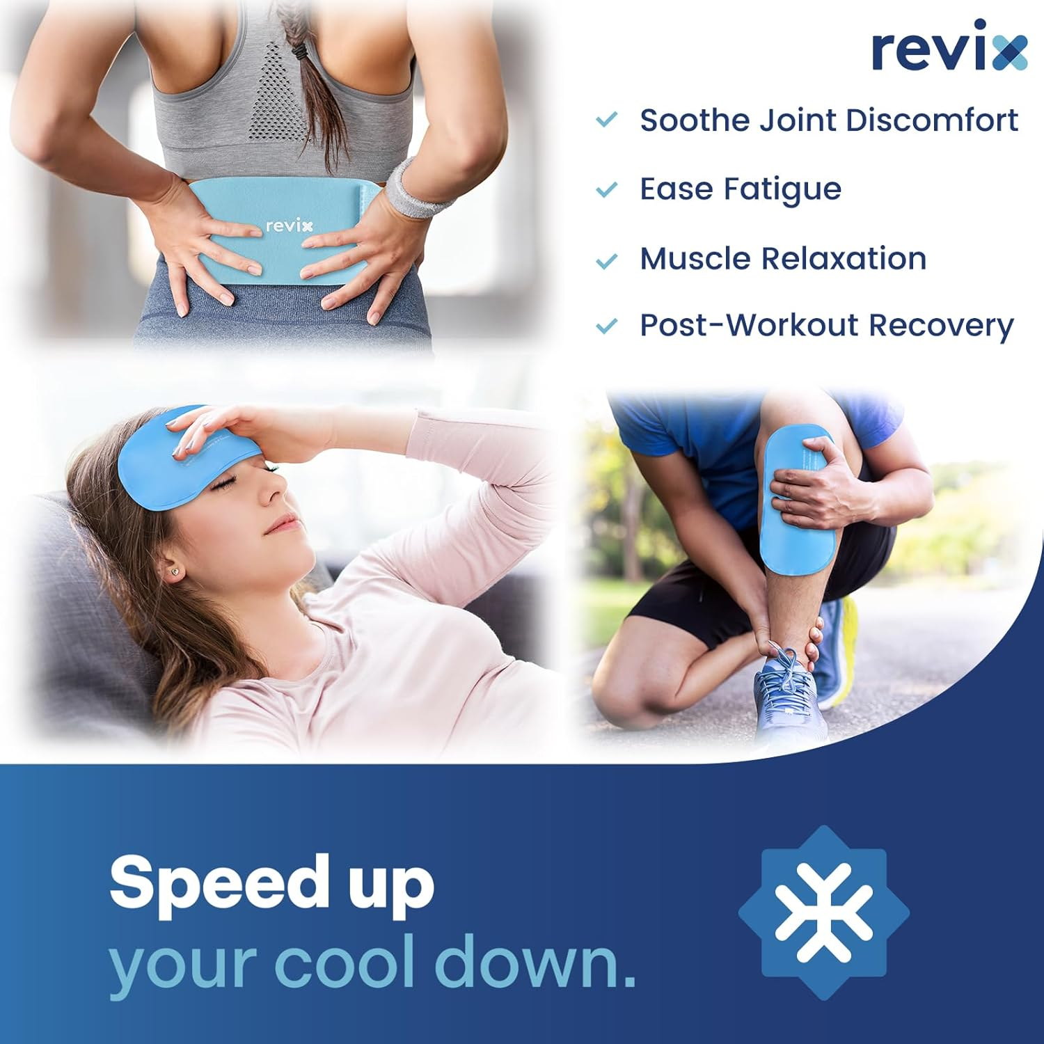 REVIX Ice Packs for Injuries Reusable, 2 Packs Hot and Cold Pack with Adjustable Strap, Flexible Ice Wraps for Joints and Muscle, Rotator Cuff, Back, Knee Discomfort Relief (10" X 5" Blue) image number 3