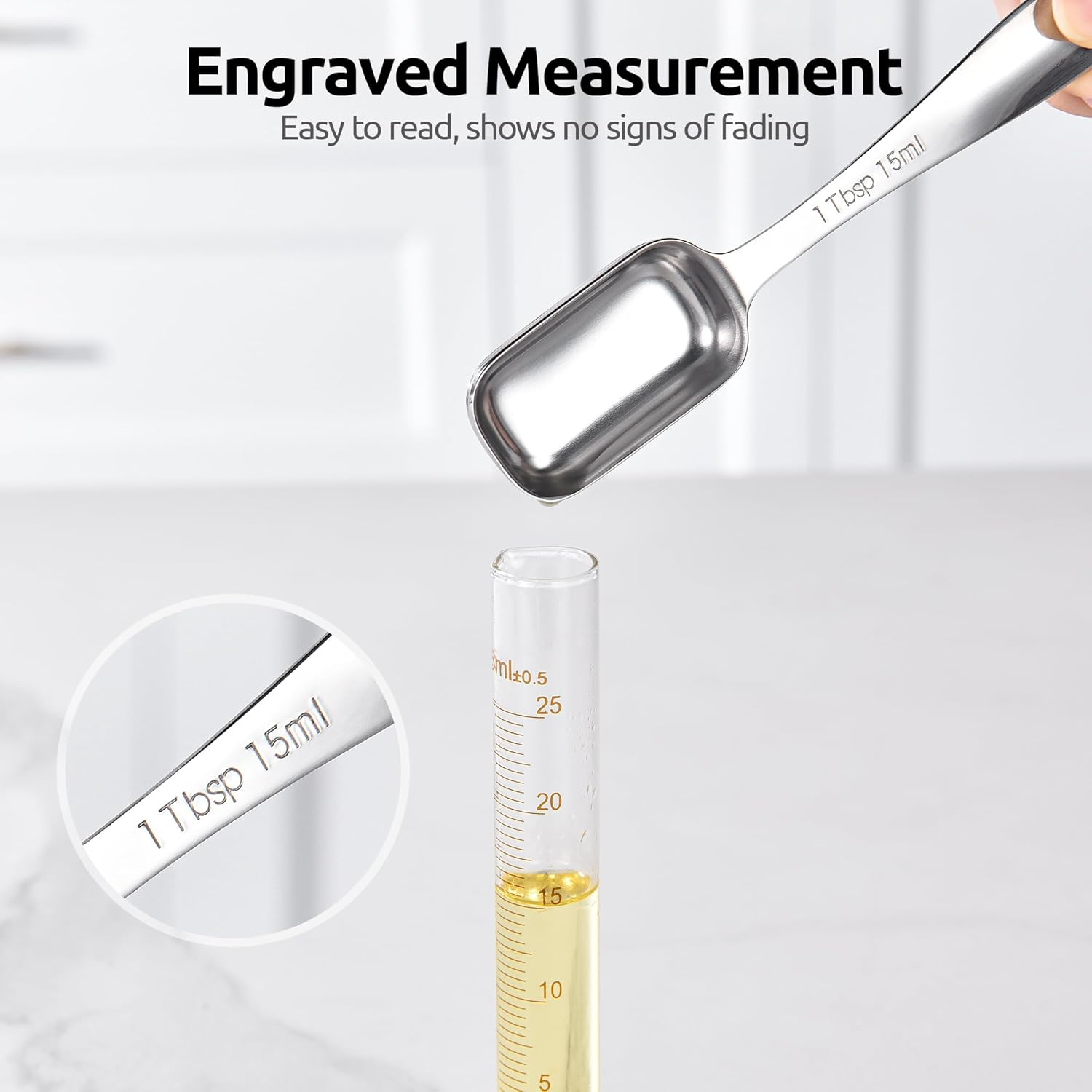 U-Taste 18/8 Stainless Steel Rectangular Measuring Spoons: Narrow Square Measure Teaspoon Tablespoon with Leveler, Heavy Duty Kitchen Metal Jar Scoop for Baking Cooking Ingredients (Set of 8) image number 6