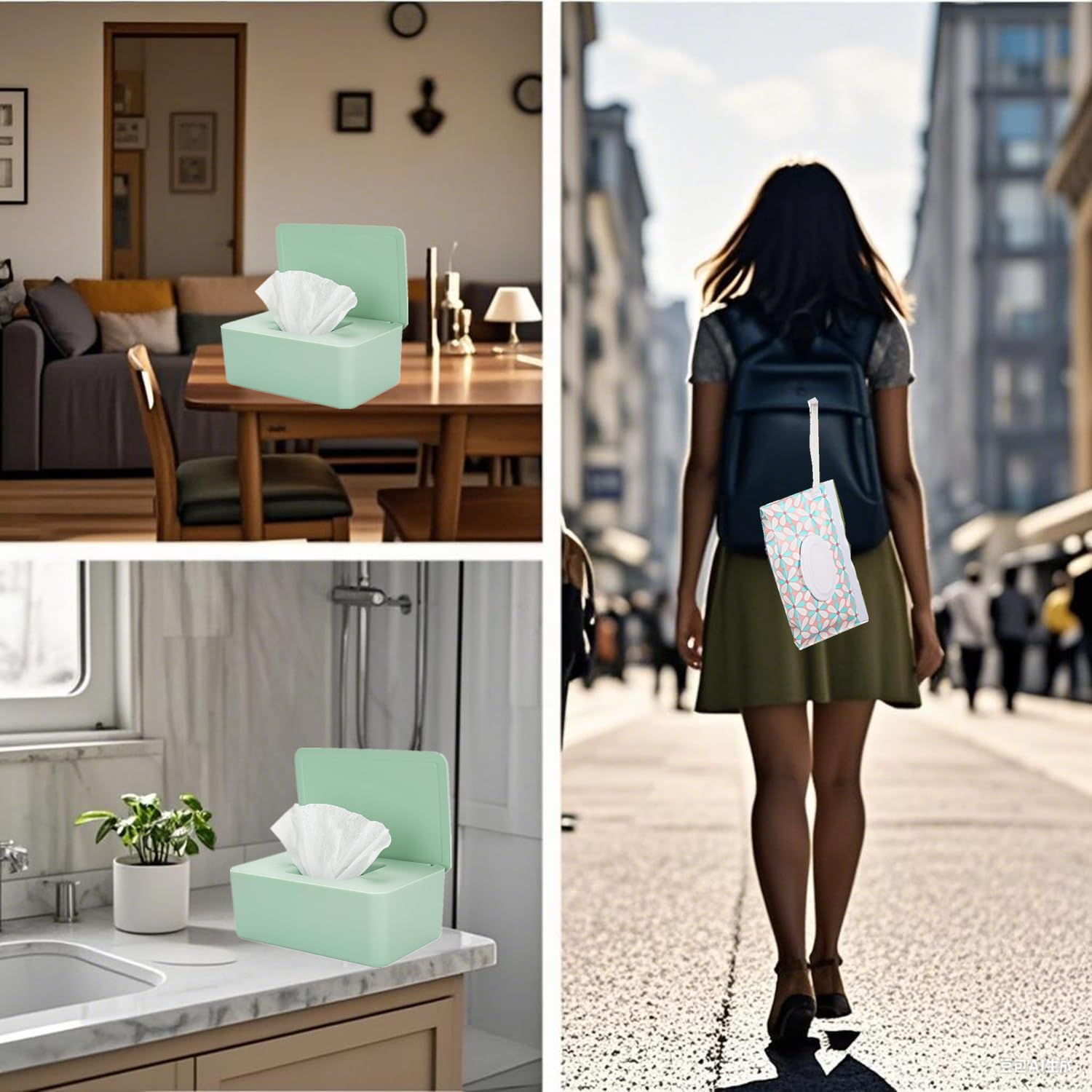 Wipes Dispenser with 2Pcs Portable Refillable Wipe Holder,Reusable Large Wipe Holder Box Flushable Wipes Case Bathroom Wipes Container for Pet Nursery Kitchen Office Counter(Green) - Green image number 6