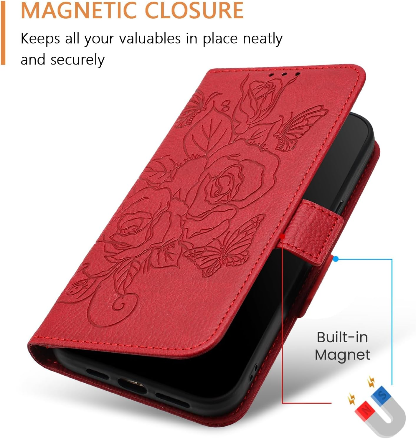 IMEIKONST Mobile Phone Case for Motorola Moto Edge 50 Neo 5G Case, Protective Leather Case Stand Wallet Card Slot RFID Blocking Shockproof Mobile Phone Case for Moto Edge 50 Neo 5G. Red Flowers YBH image number 2