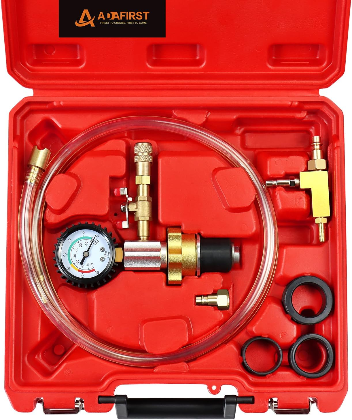 ADAFIRST Automotive Radiator Coolant Vacuum Refill Tool Kit, Engine Cooling System Vacuum Purge & Fill Tool Set with Universal Adapters (O.D. 32Mm 35Mm 40Mm 45Mm) for Car SUV Truck Airlift, Black Case
