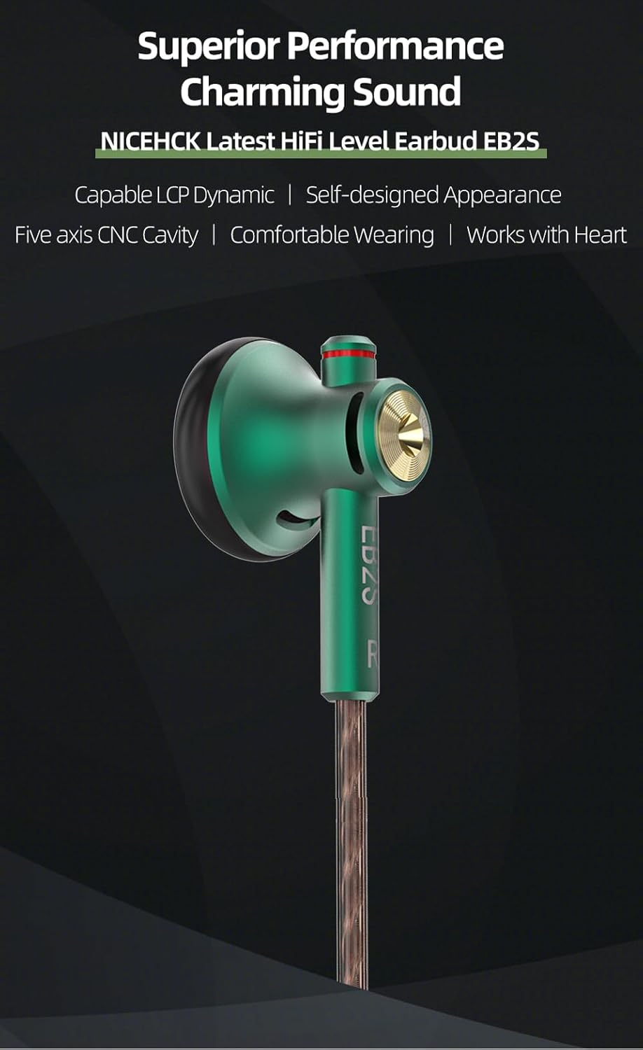NICEHCK EB2S Wired Earbuds with 15.4Mm LCP Diaphragm, Hi-Res In-Ear Headphones for Android, Phones, Laptops, MP3 Players (3.5Mm Green No Mic) image number 4