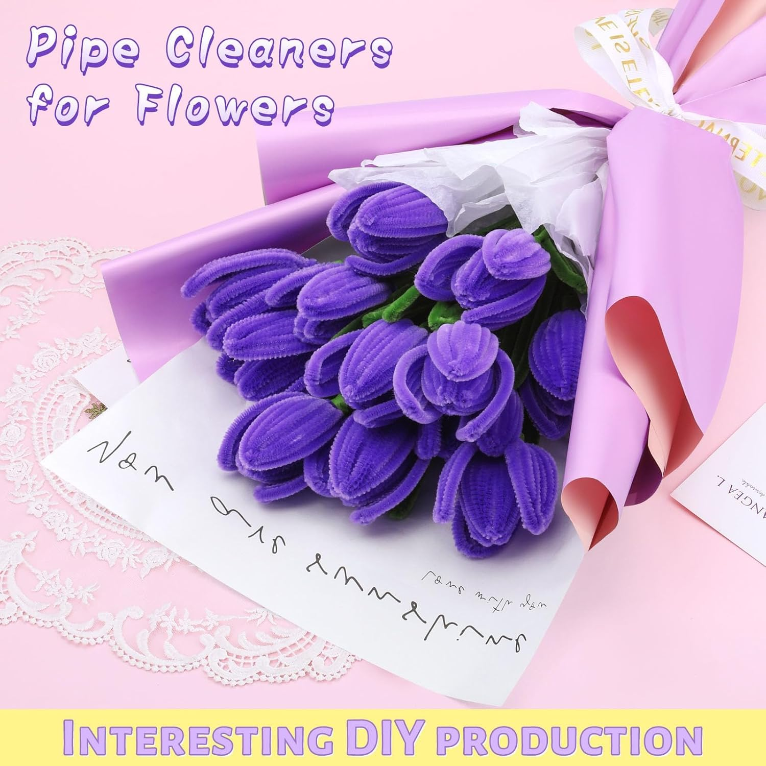 Pipe Cleaners Craft, Pipe Cleaner Flower Kit, Craft Pipe Cleaners, Chenille Pipe Cleaners with Wrapping Paper, Step-By-Step Video Tutorials for Birthday Home Decoration (Purple) image number 6