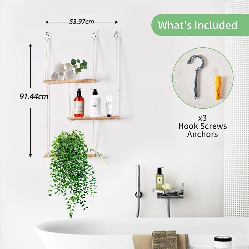 3 Tier Hanging Shelves for Wall,Wall-Mounted Shelf Boho Room Decor Handmade Cotton Rope,Hang Shelf to Walls Shelves for Plant Shelf Indoor Ledge Hang,Floating Racks to Walls image number 4