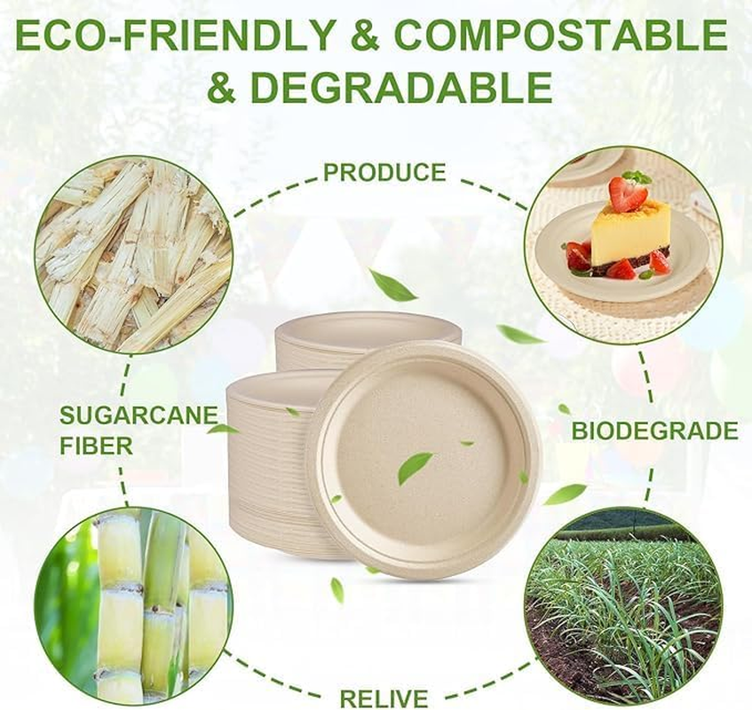 150 Pack Compostable Disposable Paper Plates 7 Inch Super Strong 100% Bagasse Natural Biodegradable Eco-Friendly Sugarcane Plates(Nature) image number 4