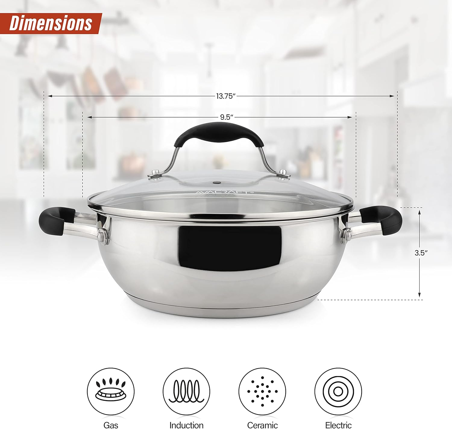 AVACRAFT 18/10 Stainless Steel Everyday Pan, Stir Fry Pan with Five-Ply Base, Chef&rsquo;S Pan with Glass Lid, Multipurpose Stewpot Skillet, Saute Pan, Casserole in Pots and Pans (9 Inch)