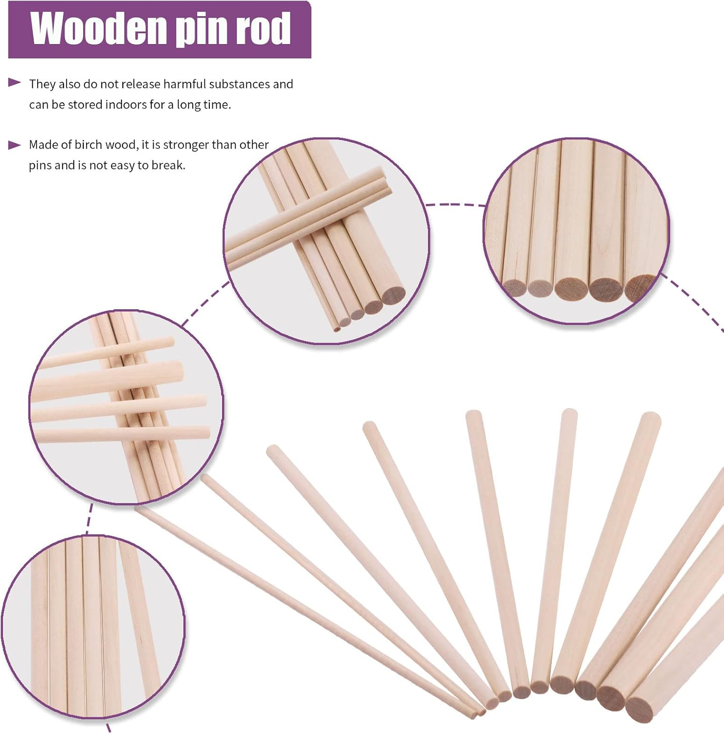 Swpeet 160Pcs OD 1/8" 3/16" 1/4" 5/16" 3/8" Length 6Inch/150Mm Wooden Dowel Rods Craft Wood Sticks Assortment Kit, Unfinished Dowel Small round Hardwood Sticks image number 3