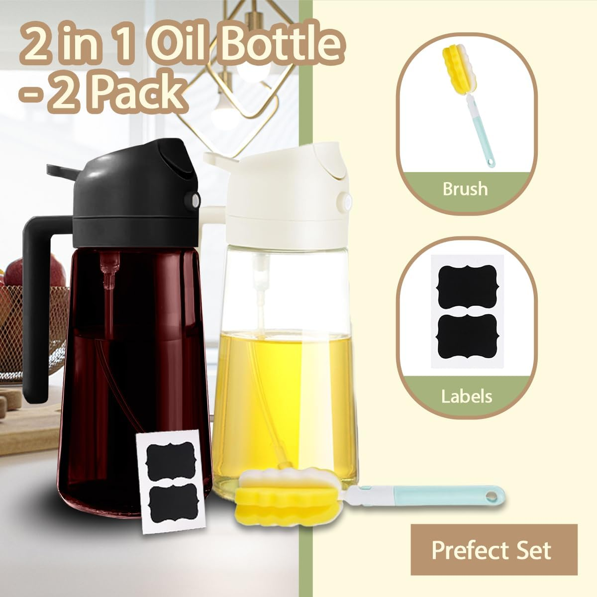Blissify 2 Pack Oil Spray Bottle Dark Glass, 2 in 1 Olive Oil Dispenser and Oil Sprayer for Cooking, Light-Blocking Amber Oil Mister with Brush Labels for Kitchen, Salad, Frying, BBQ (White & Brown) image number 4