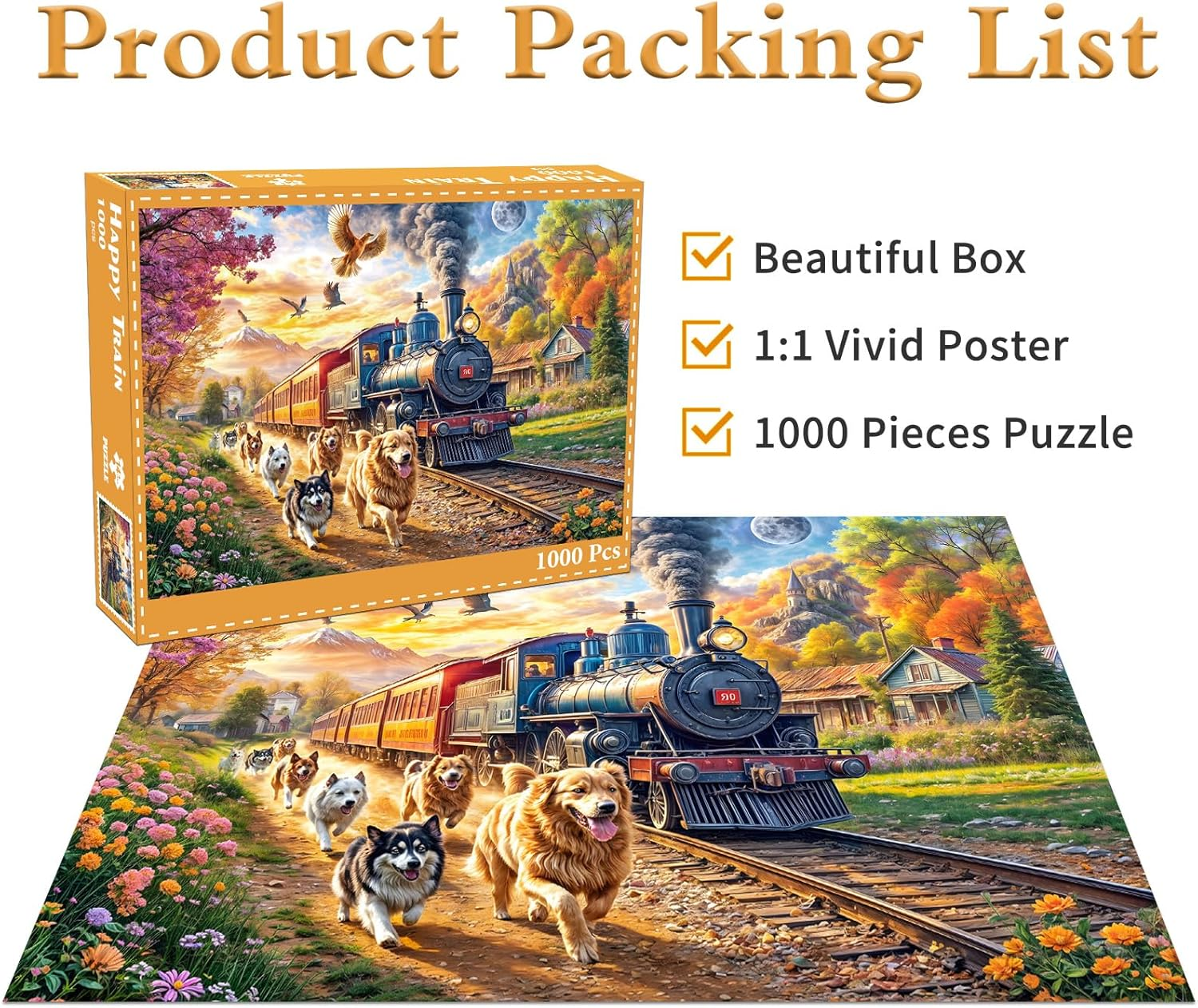 Jigsaw Puzzles for Adults 1000 Pieces, Interlock Perfectly Letter on Back No Dust, Home Decor Birthday Gift Toy for Men Women Elders Seniors, 1:1 Poster - Happy Train image number 5