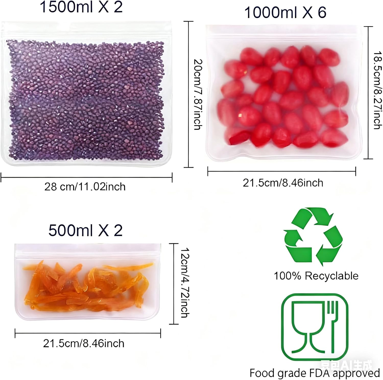 10-Pack Reusable PEVA Food Storage Bags - Leakproof Bpa-Free Freezer Bags for Meal Prep, Veggies, Sandwich& Snacks | Extra Thick Zipper Seal, Dishwasher Safe& Fridge Organization image number 5