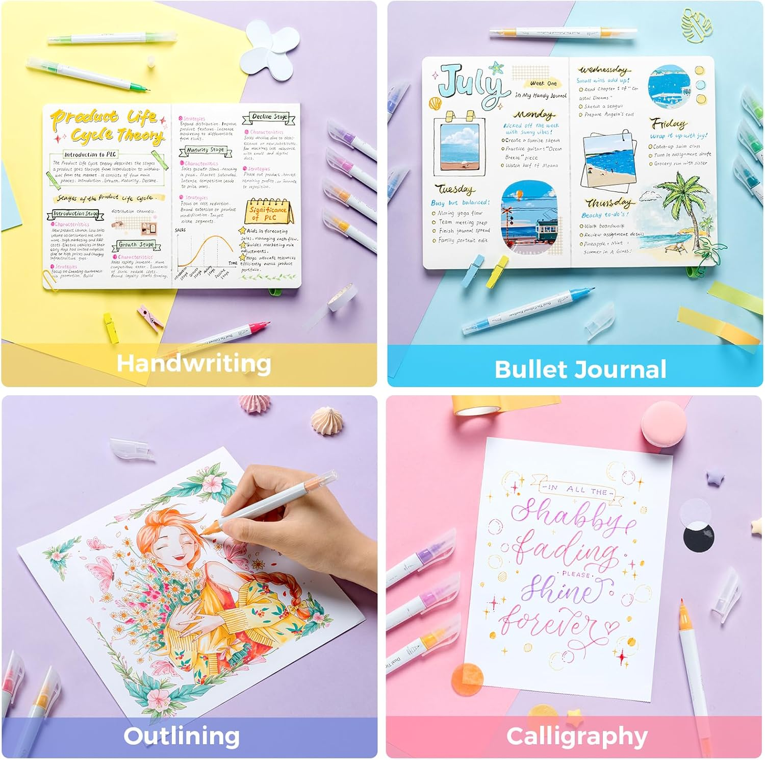 Ohuhu Brush & Fineliner Dual Tips Colored Drawing Pens, 12 Colors Waterproof & Alcohol-Proof Calligraphy Brush Micro Pens for Adults, Artists & Beginners Drawing Sketching Bullet Journal Outlining image number 2