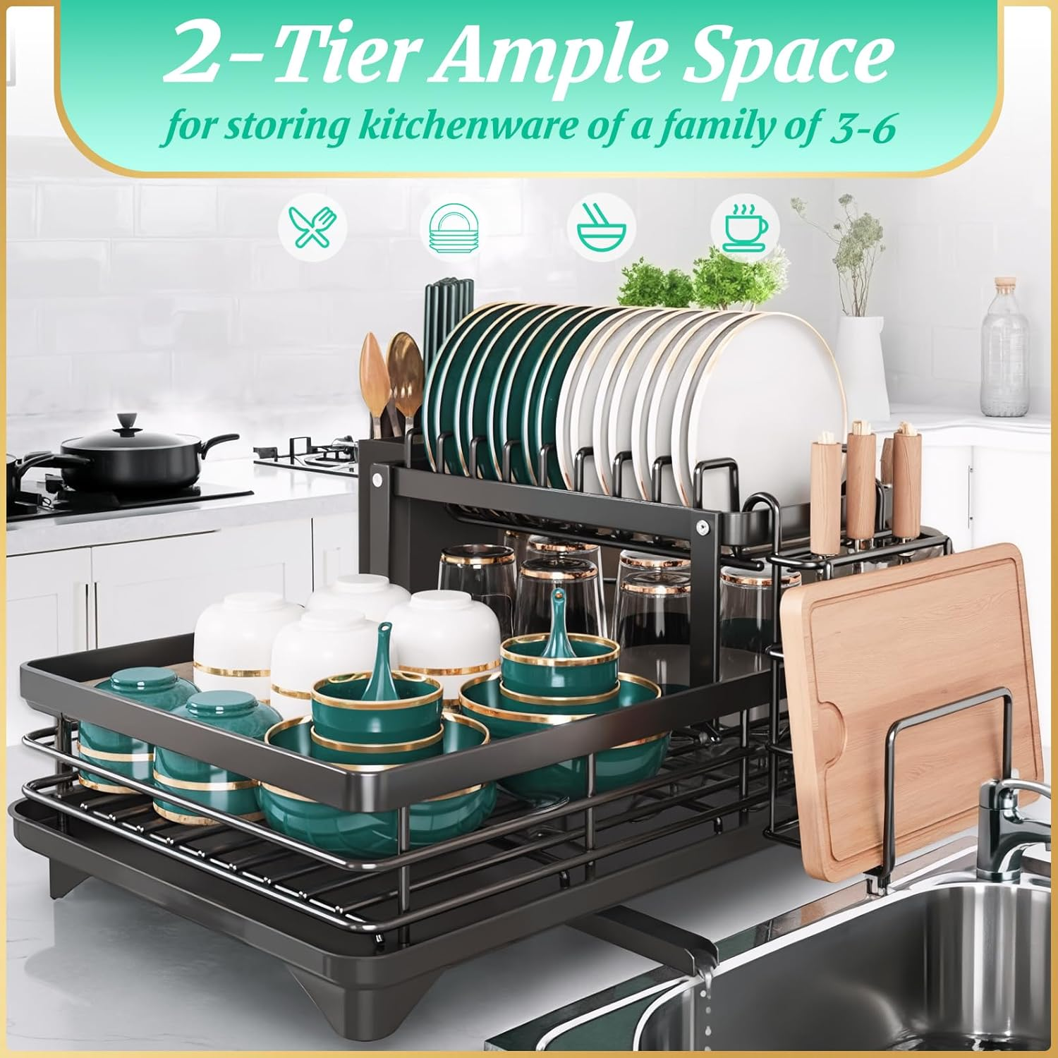 Micomlan Dish Drying Rack - 2 Tier Dish Racks for Kitchen Counter, Large Carbon Steel Dish Drainer Rack with Drainboard Set, Detachable Utensil Holder for Kitchen Storage & Organisation, Black image number 2