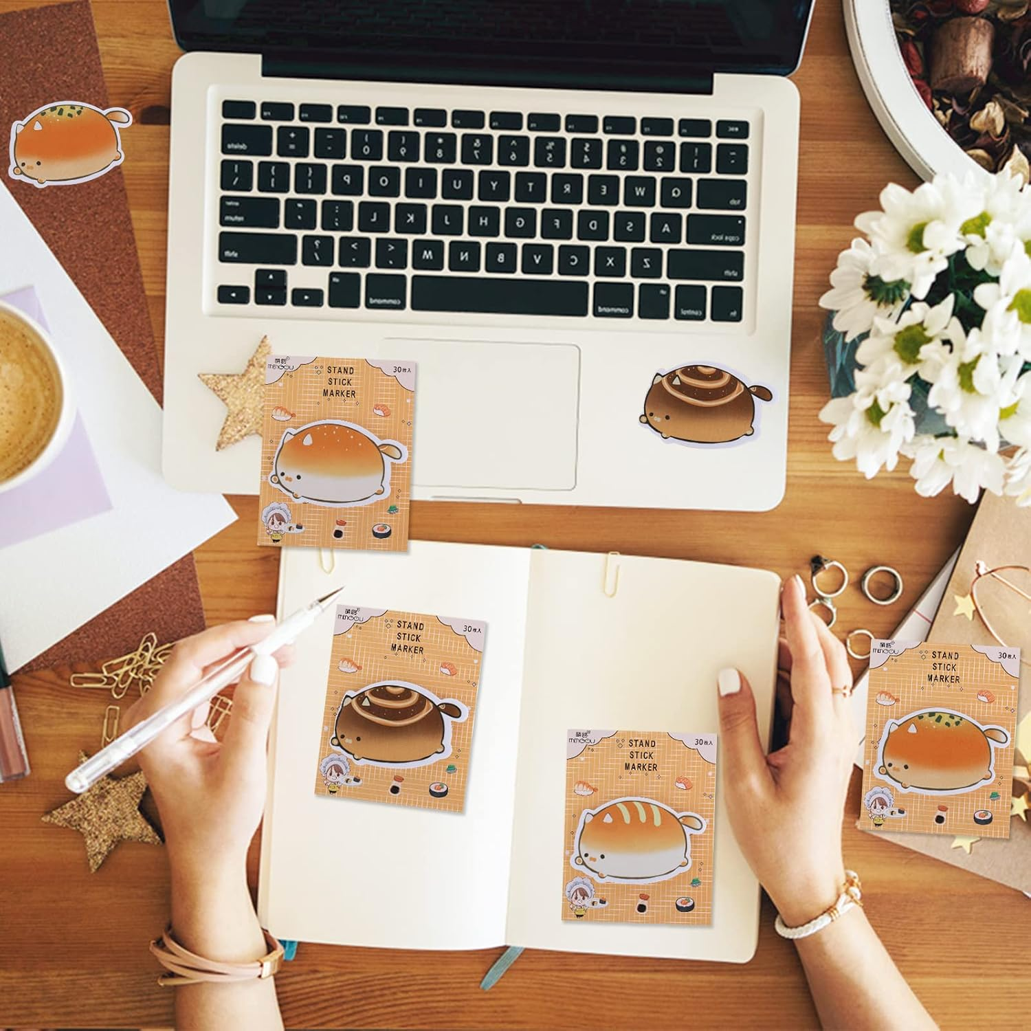 TIESOME Cute Sticky Notes, 5 Pack Cartoon Sticky Notes Cat Bread Shape Markers Flags Self-Stick Memo Pads Students Home Office Roommates Gifts Tab Supplies 150 Sheets