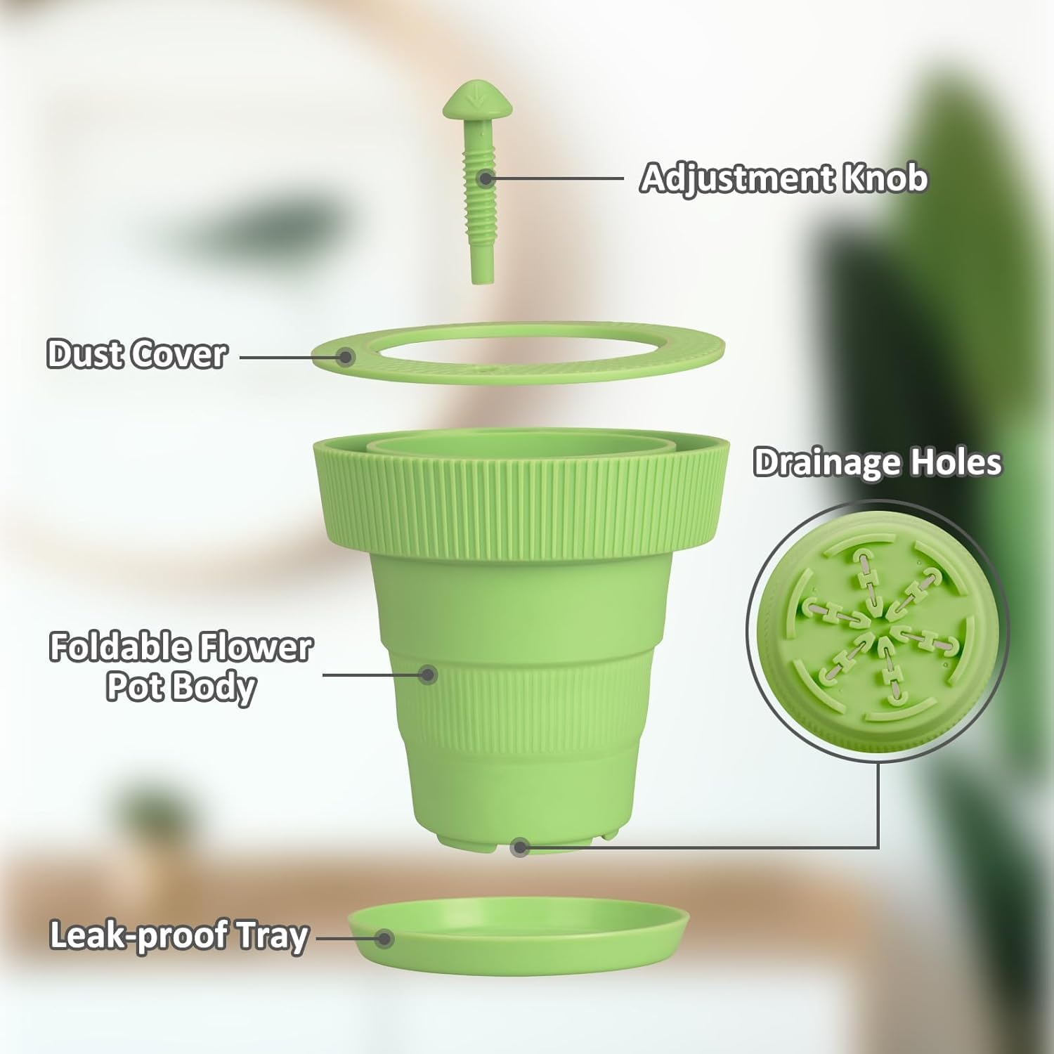Self-Watering Indoor Plant Pots &ndash; Foldable Silicone Flower Pots with Drainage Holes and Saucers, Ideal for Home and Office Decor (Green)