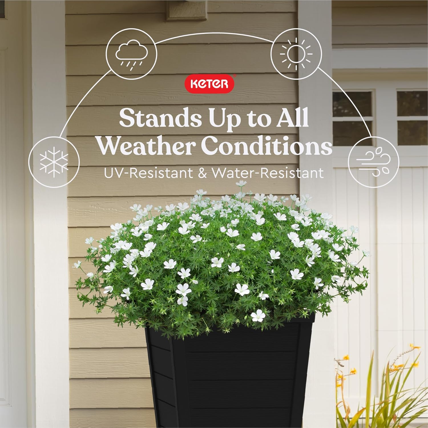 Keter Set of 2 Resin Modern Outdoor 22 Inch Tall Large Flower Pots, Tapered Wood Look Planters for Outdoor Plants and Front Porch Decor, Graphite image number 6