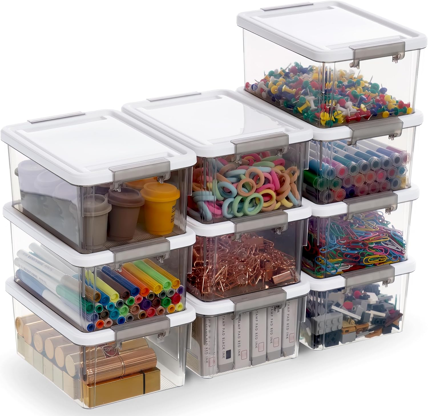 Citylife 1.3 QT 10 Pack Small Storage Bins Plastic Storage Container Stackable Box with Lids for Organizing, Clear White