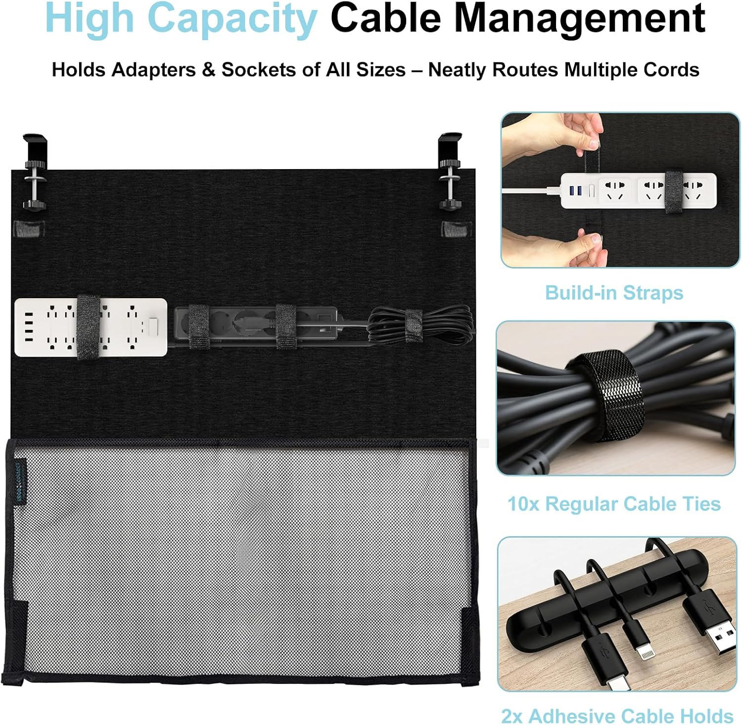 ERGO COLLECT 23.6" Felt under Desk Cable Management Tray with Privacy Panel, Cord Organizer Hides Wires & Power Board, for Home Office Computer & Gaming Desk, Clamp or Screw Mount, Black image number 2