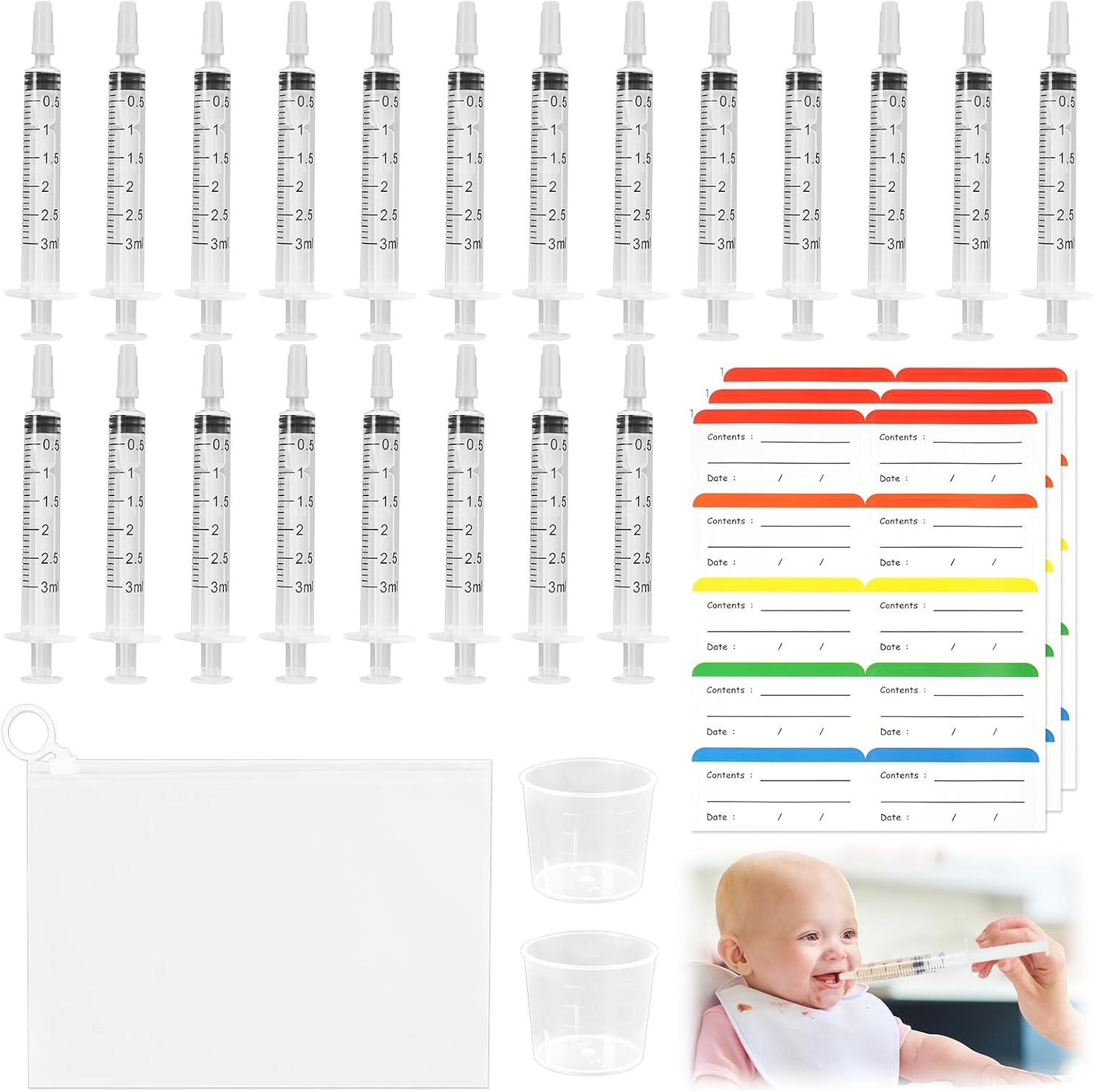 53Pcs Colostrum Collection & Storage Kit, 20 Sterile Sealed Breast Milk Collector(3 ML) Syringe No-Needle with Sealed Caps, 30 Stickers, 2 Colostrum Collection Measuring Cup(20Ml) 1 Slide Lock Bag for Breastfeeding image number 2