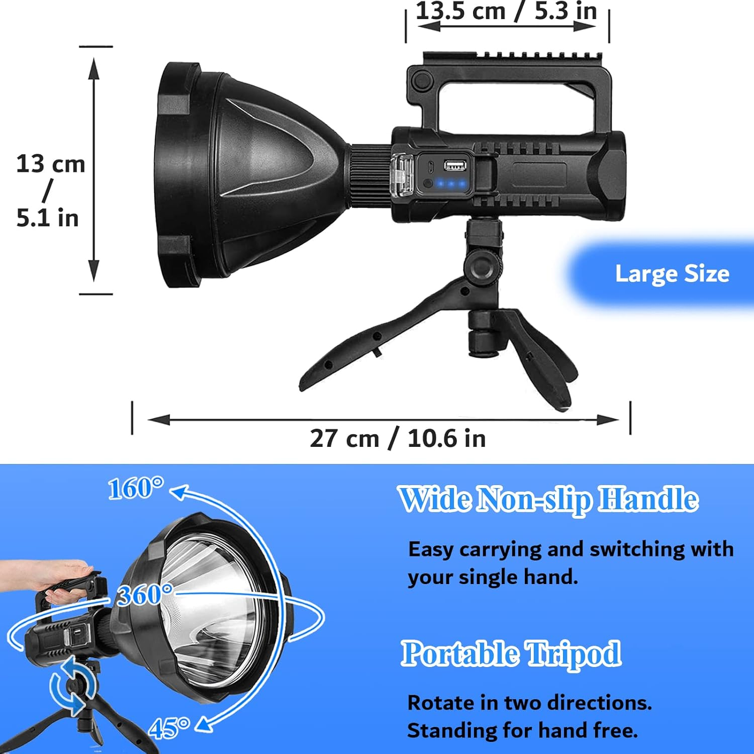 Uhanciny Rechargeable Spotlight Flashlight, 100000 Lumen LED Spot Lights Handheld Large Flashlight High Lumens Super Bright Outdoor Searchlight with 4 Modes, USB Output, IPX5 Waterproof, Tripod image number 1