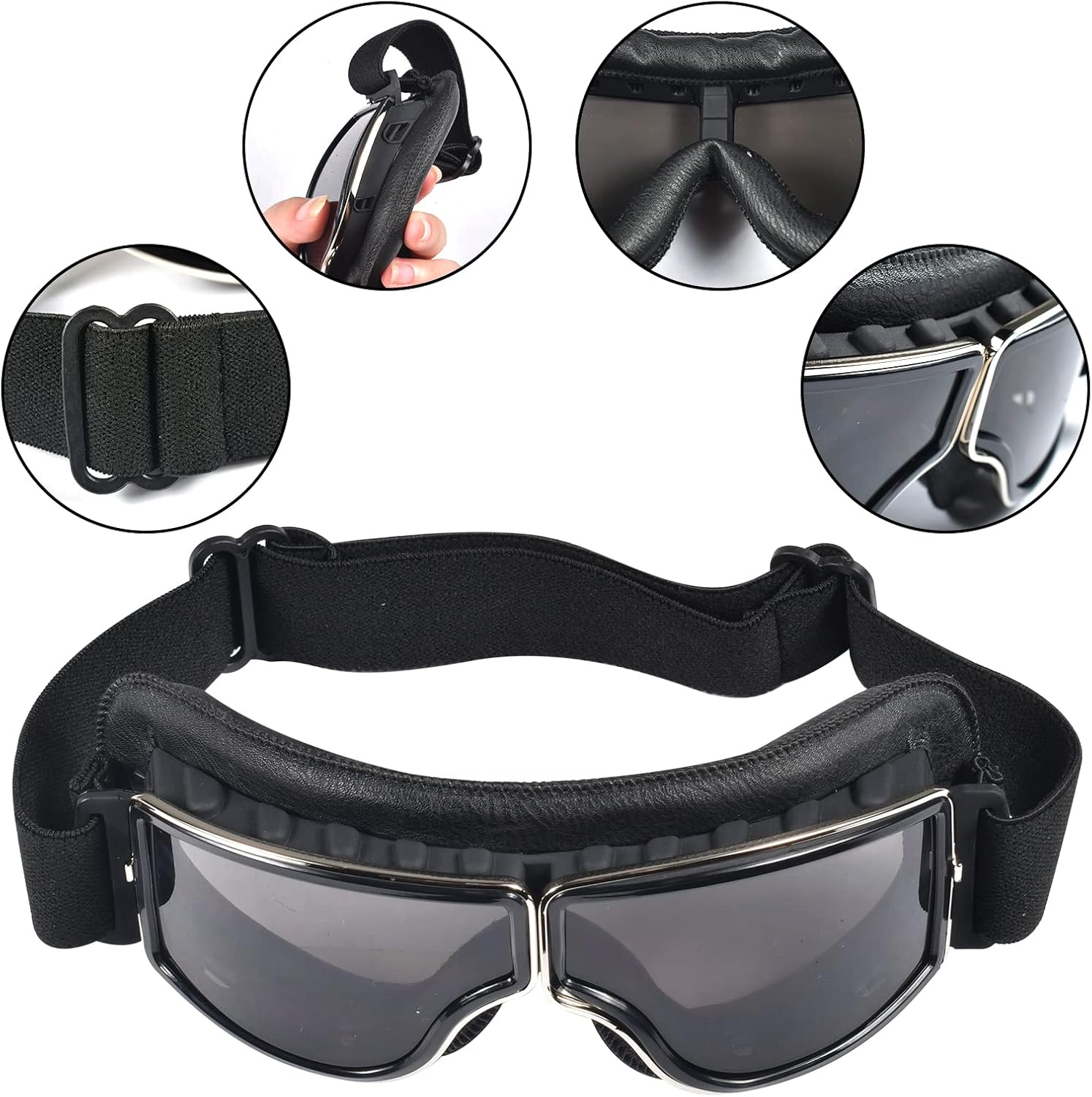 Motorbike Goggles, Vintage PU Leather Windproof Dustproof Motorcycle Goggles, Pilot Fog Proof Goggles, Sunglasses Sports Glasses, Motorbike Helmet Goggles for Outdoor Sports Motocross Racer image number 6