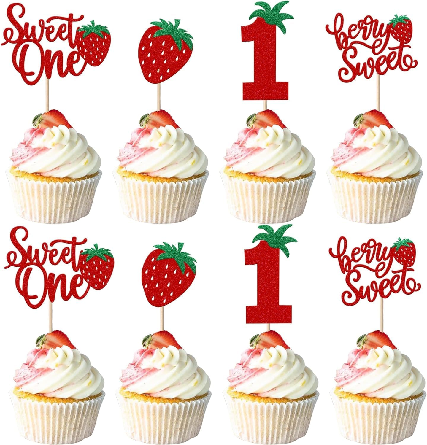 SYKYCTCY 24 Pack Sweet One Cupcake Toppers Glitter First Birthday Strawberry Cupcake Picks for Fruit Baby Shower 1St Birthday Berry Sweet Cupcake Decorations Party Supplies (#1)