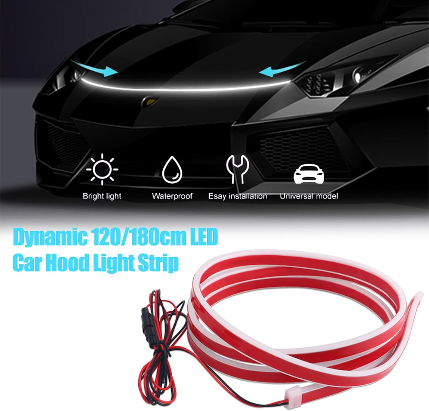 Car Hood Light Strip, 1.2/1.8 Meters White Waterproof 12V Universal Dynamic Scan Start up Hoodbeam Kit Flexible Exterior LED Strip Lights Daytime Running Light Strip for Cars Suvs Truck (1.8 Meters) image number 5