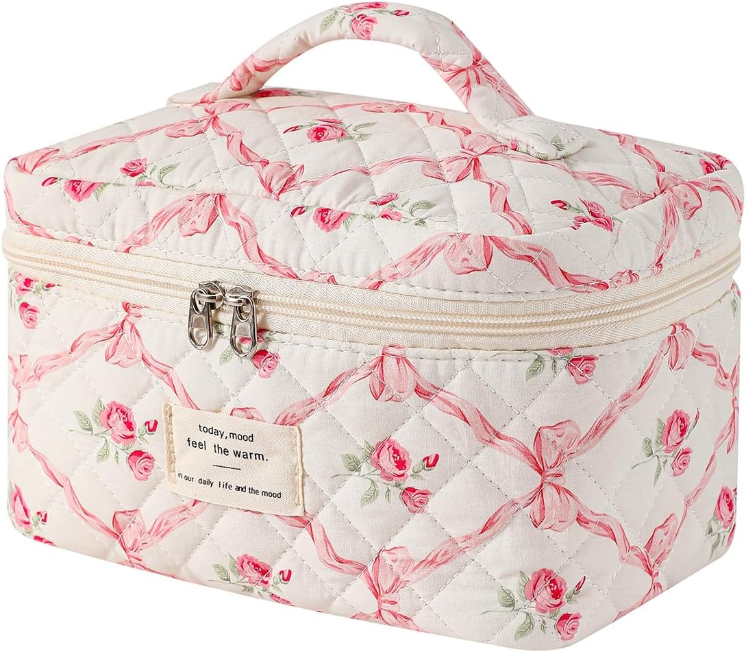 Large Quilted Makeup Bag for Women and Girls, Cute Coquette Floral Cotton Cosmetic Bag, Aesthetic Travel Organized Toiletry Bags, 3Pcs Pink Bows