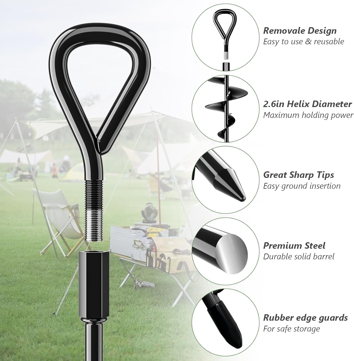 18" Long Ground Anchor, Heavy Duty Earth Anchors 18 Inch Ground Anchors Screw in Kit with T-Handle Hex Wrench for Camping Tent, Swing Sets, Securing Animals, Sheds, Trampoline(4 Pcs) (Black) image number 4