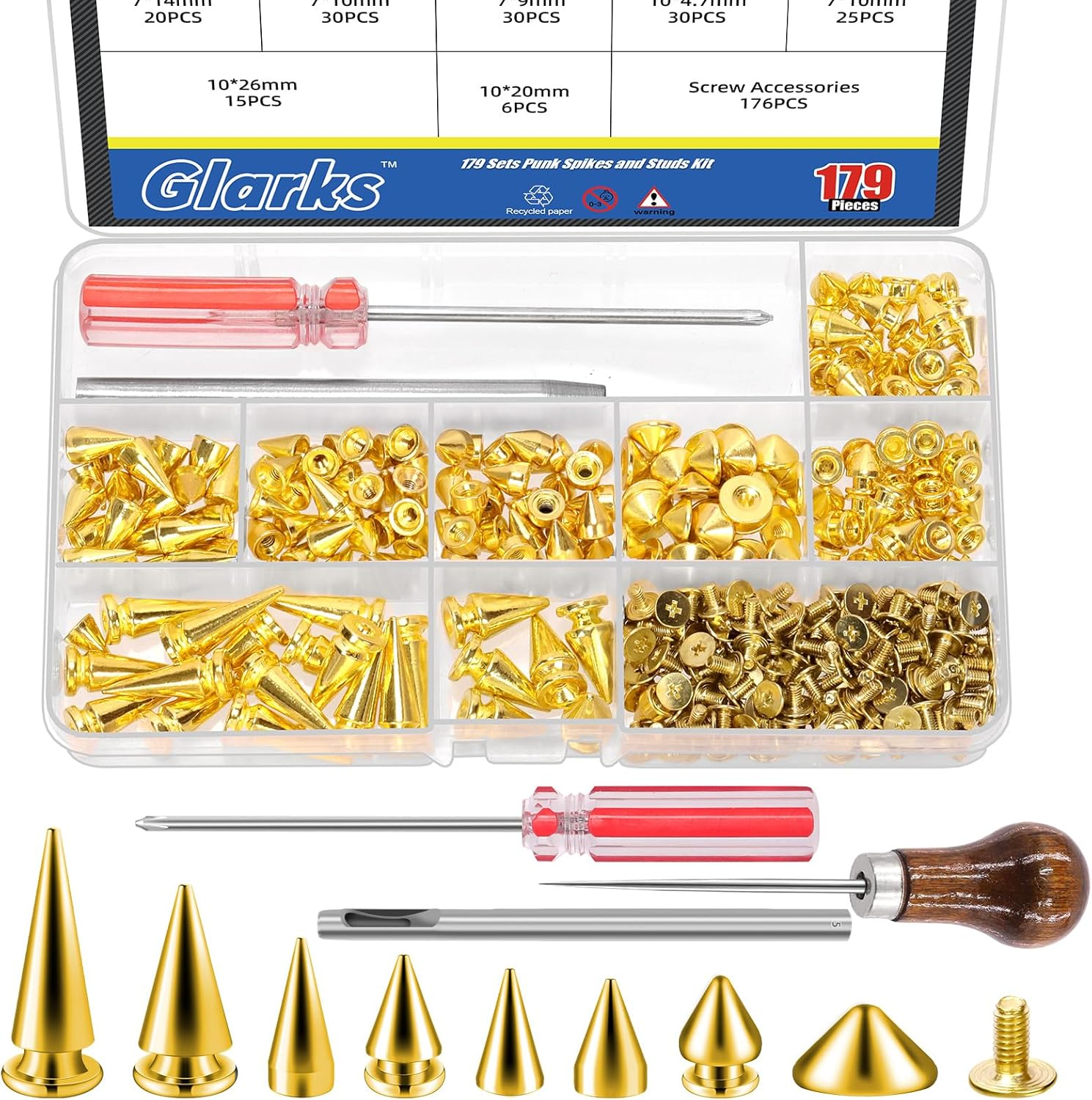 Glarks 355Pcs Silver Punk Spikes and Studs Kit, 7 Sizes Zinc Alloy Cone Spike and Stud Rivet, Metal Leather Tree Spikes Studs with Scratch Awl Screwdriver Punch for Punk Clothing Jacket Shoes Wallet