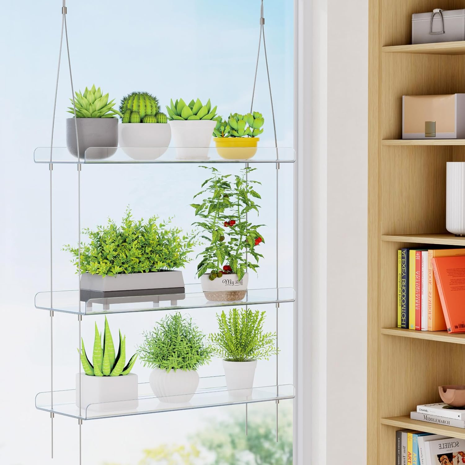 Lifewit 2-Tier Window Plant Shelves 15 Inch, Acrylic Adjustable Hanging Floating Shelf, Window Sill Extender for Indoor Succulent Plants, Micro Greens, Seed Starter Pots, Herb Planters image number 6