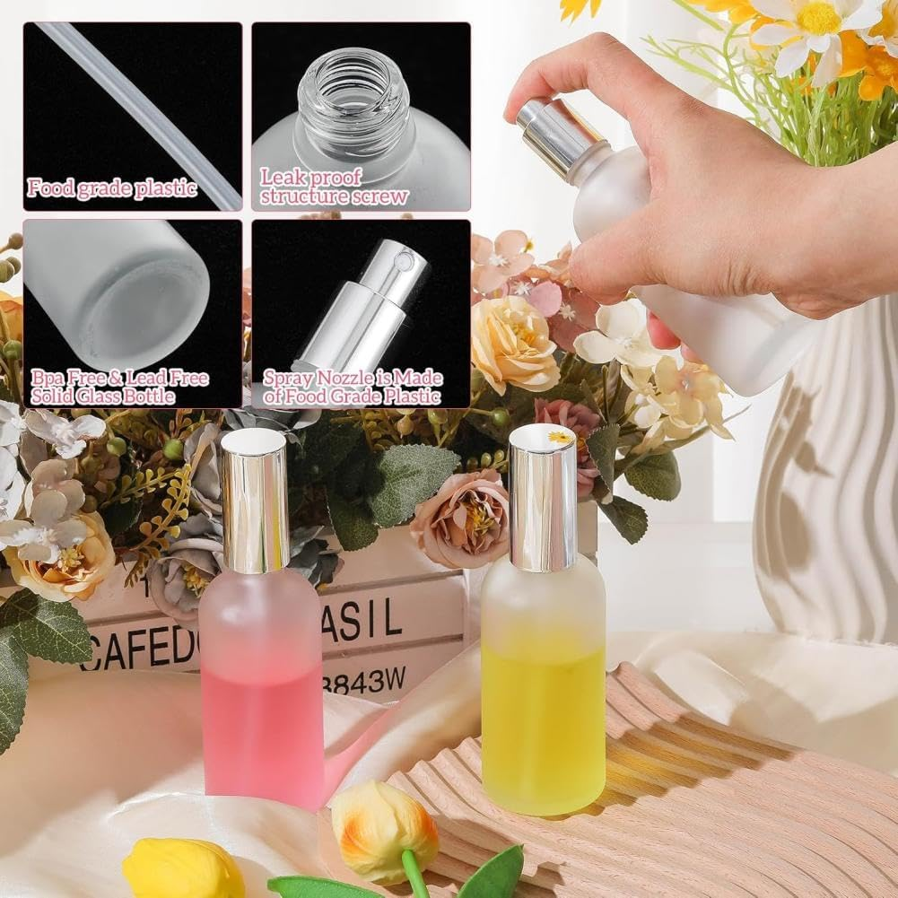 Frosted Glass Spray Bottles, Refillable Perfume Atomizer with Dispenser Kit, Leak-Proof Fine Mist Travel Bottles for Fragrance, Essential Oils (Silver*2, 100Ml) image number 3