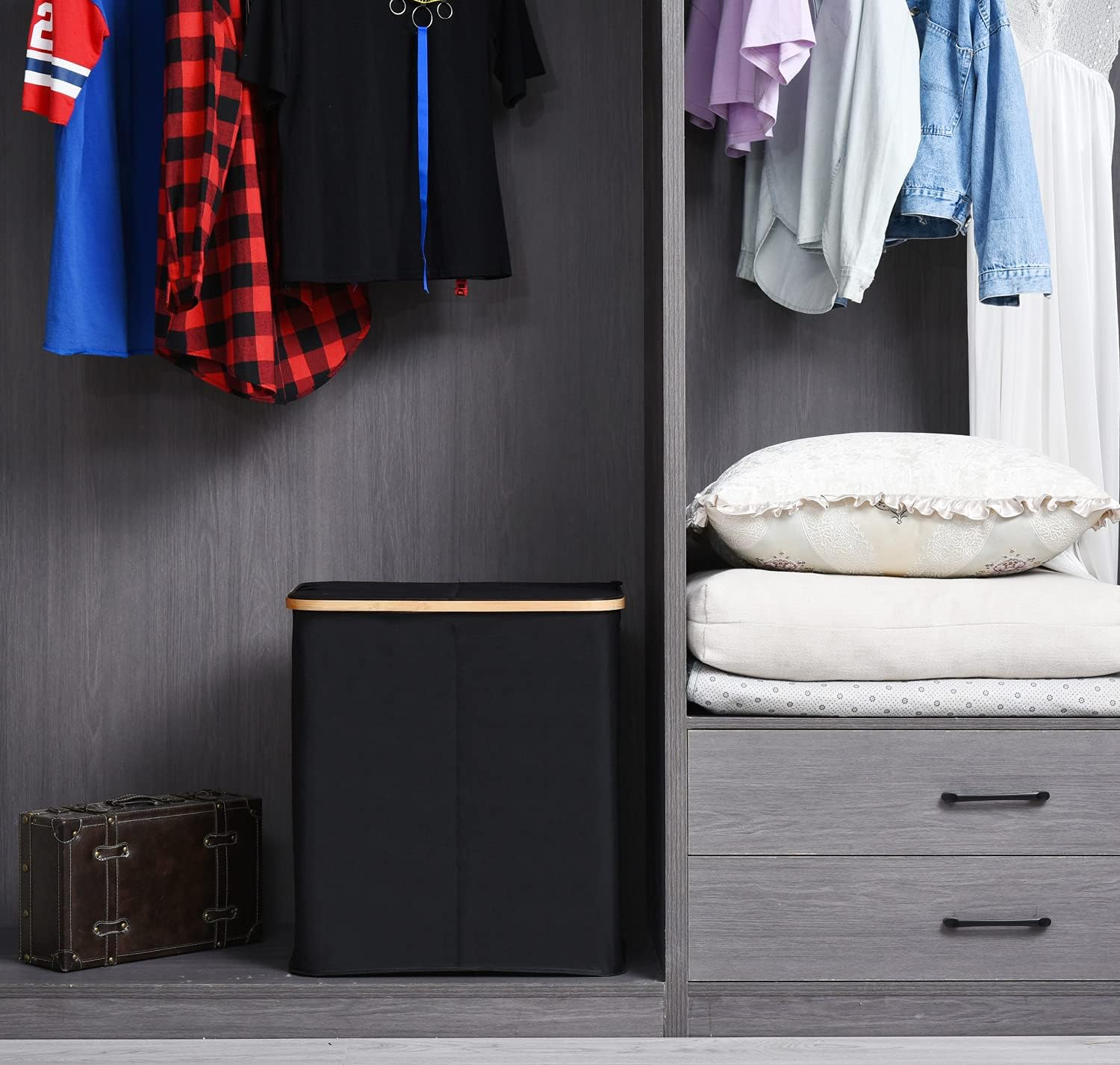 ALINK Divided Folding Bamboo & Canvas Laundry Hamper- Double Large Laundry Basket with Lid - Modern Collapsible Hamper with Handles, Waterproof Liner, Great for Adults, Bathroom, Living Room-Black image number 4