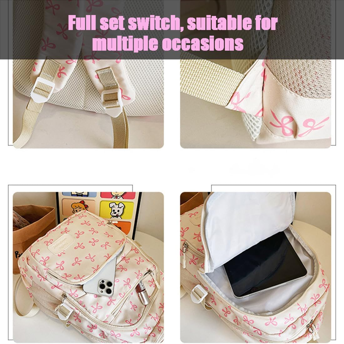 3Pcs Set Bow Backpack for Girls, Pink Bow Backpack, College Style Large Capacity Nylon Bow Bookbag Set