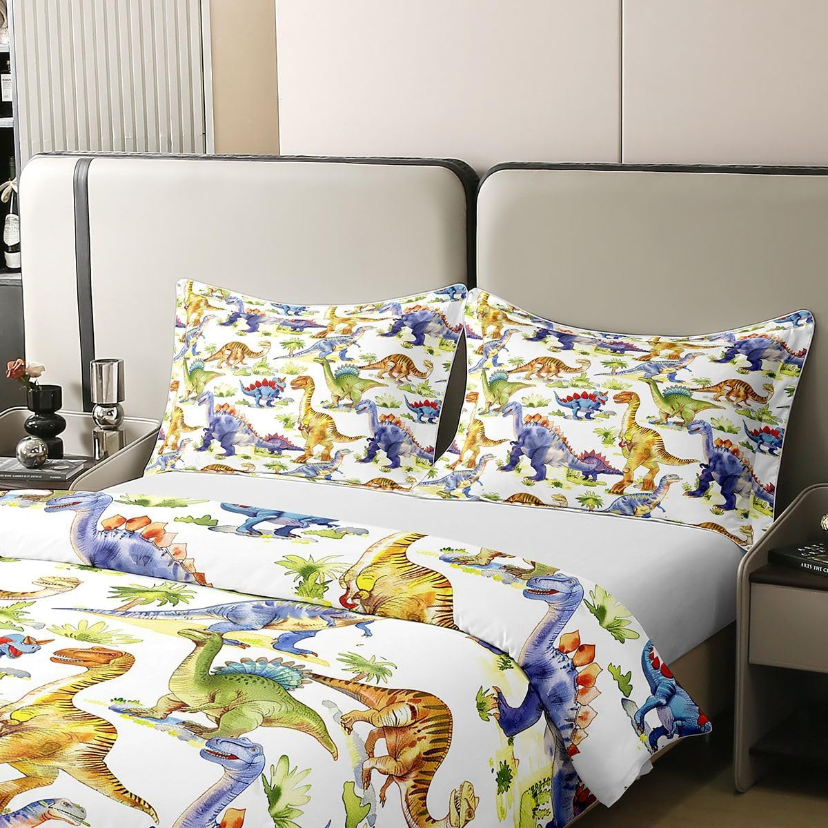 100% Natural Cotton Cartoon Dinosaur Duvet Cover, Antique Dino Bed Linen Set, 135 X 200, Cute Jungle Animal Comforter Cover for Girls, Boys, Teens, Kawaii Dino Bed Sets with 1 Pillow Case, Soft image number 4