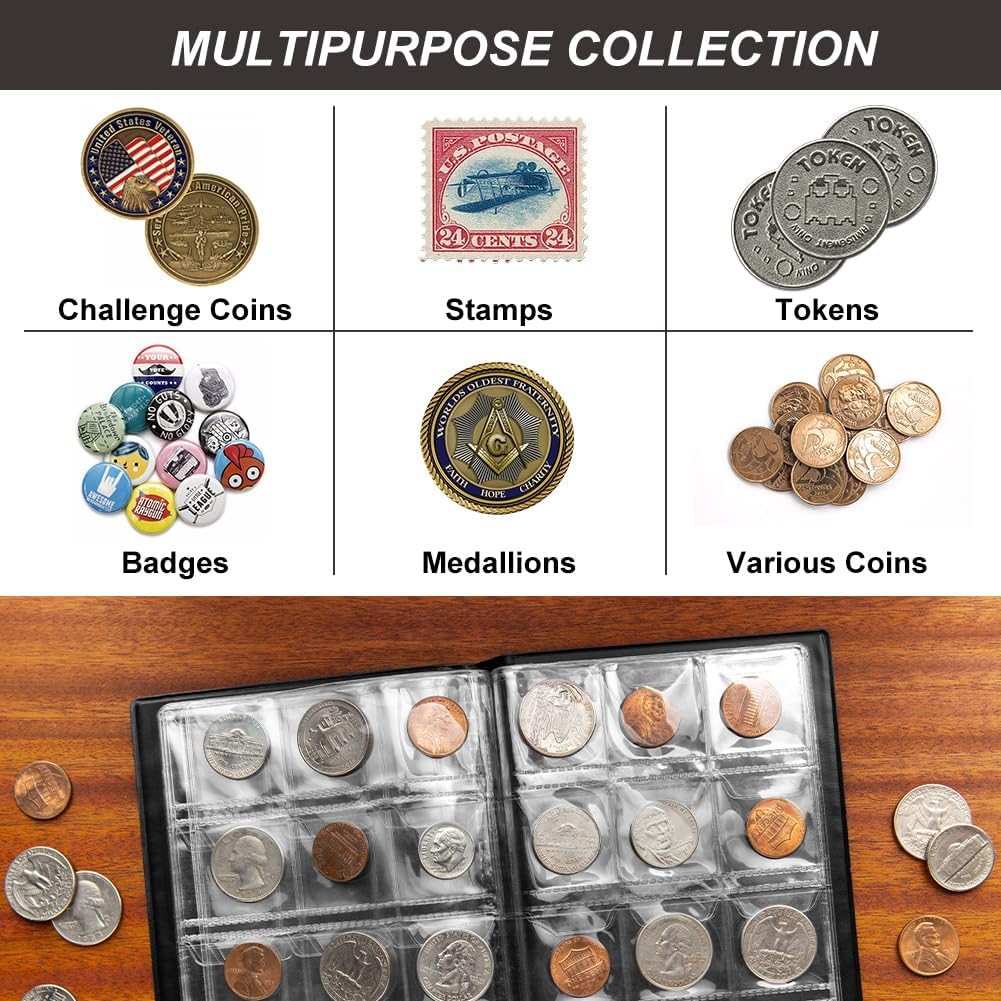 Coin Collection Book 240 Pockets Coin Album Coins Display Storage Case for Coins, Pennies, Quarters, Badges, Stamp (Black) - Black image number 6