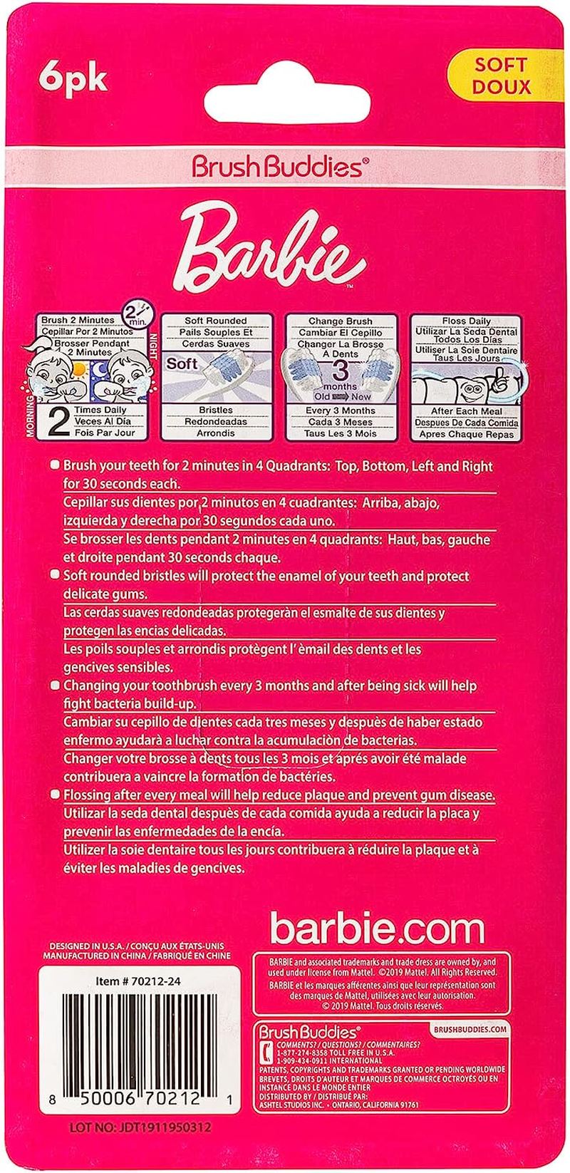 Barbie Toothbrush for Kids 6Pk, Soft Bristle Toothbrushes for Girls Ages 2-4 image number 3