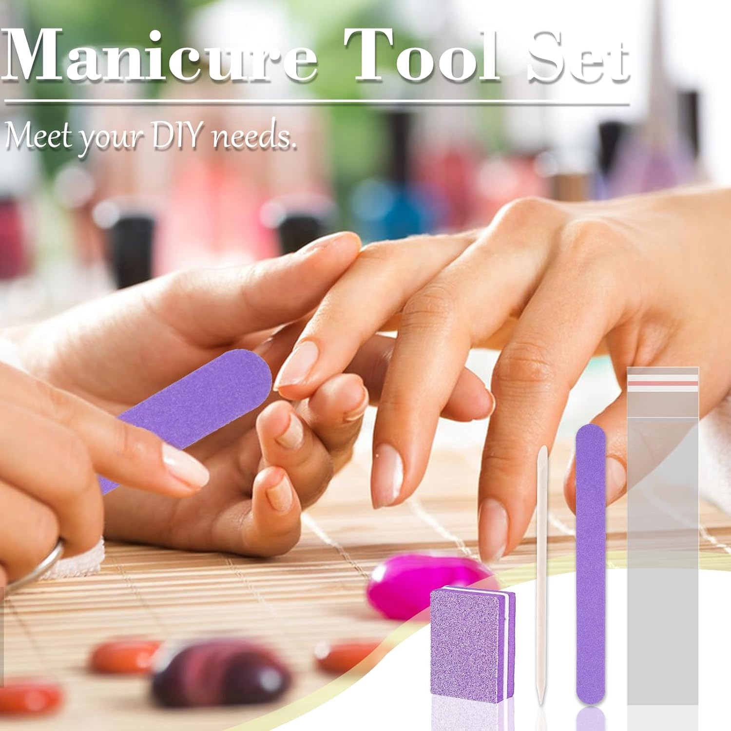 50 Set Disposable Manicure Kit, Including 50Pcs Mini Nail Buffer, 50Pcs Nail File, 50Pcs Wood Stick, 50Pcs OPP Bag, Press on Nail Tool Kit for Salon Home (Purple) image number 4
