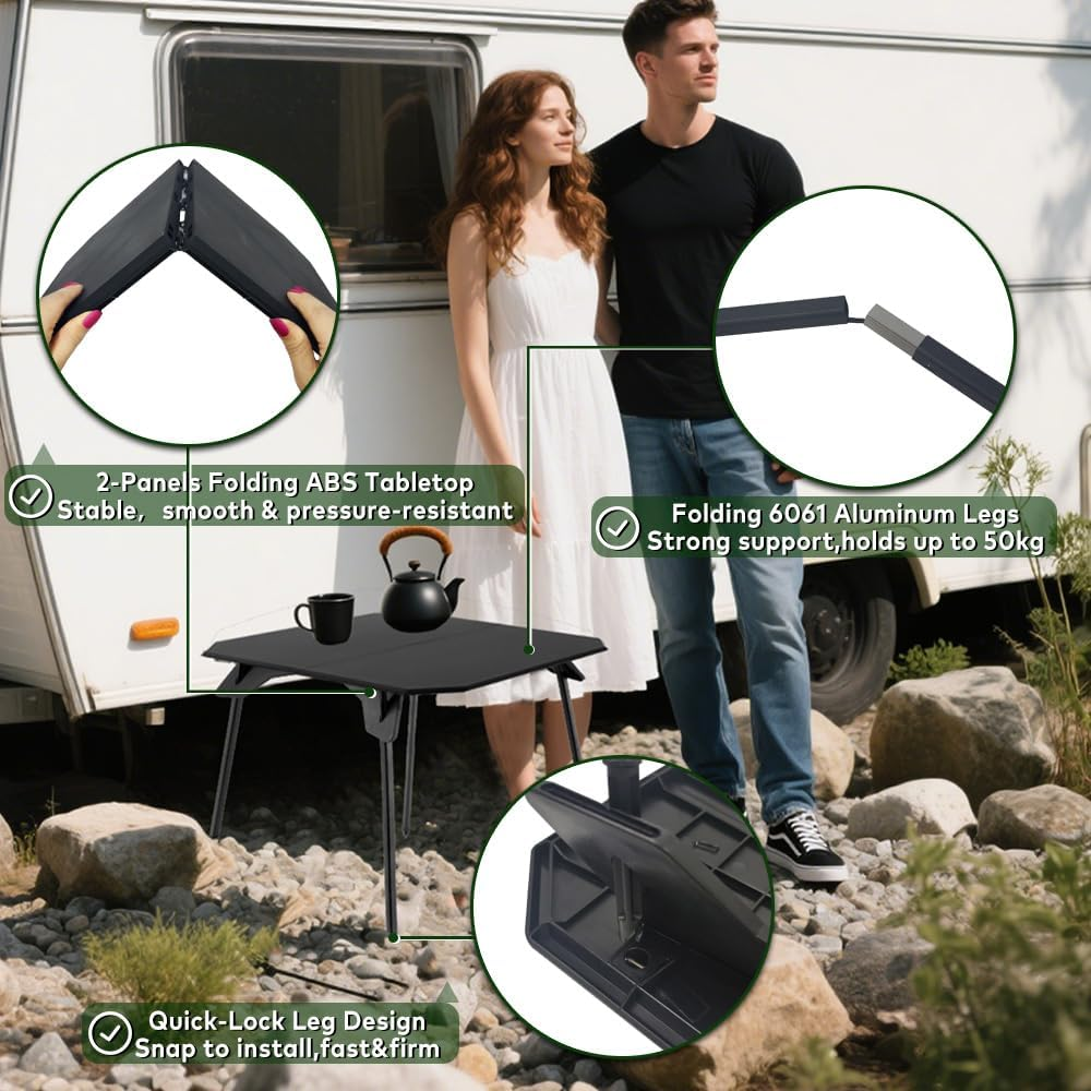 Portable Camping Table Foldable with Folding 6061 Aluminum Legs, 2-Panel ABS Tabletop, Lightweight Picnic Table with Carry Bag, High and Low Height Options for Outdoor Camping, Hiking, Bbq(Black) image number 6