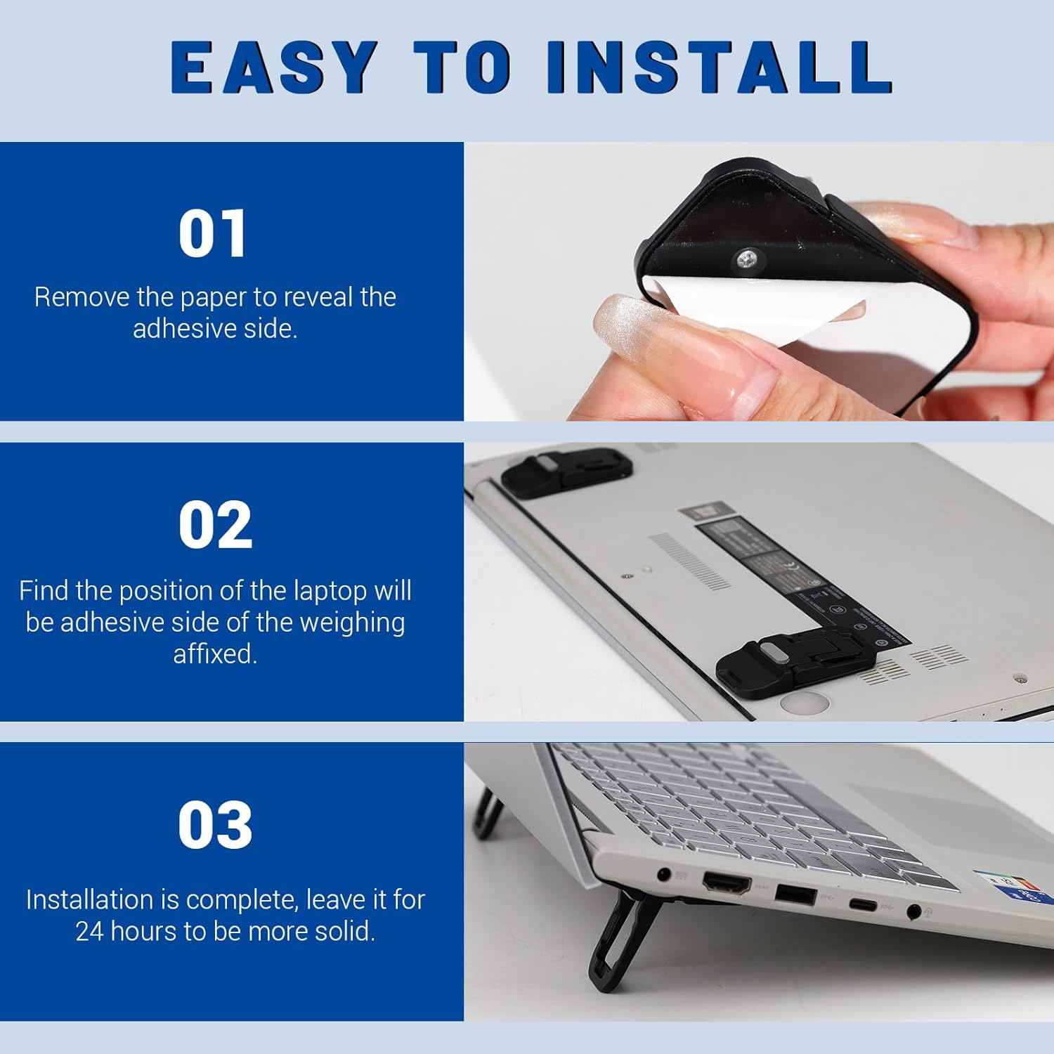 2Pcs Alloy Mini Laptop Stand for Desk, Black Foldable Computer Keyboard Stand, Self-Adhesive Invisible Computer Stand for Laptop image number 4