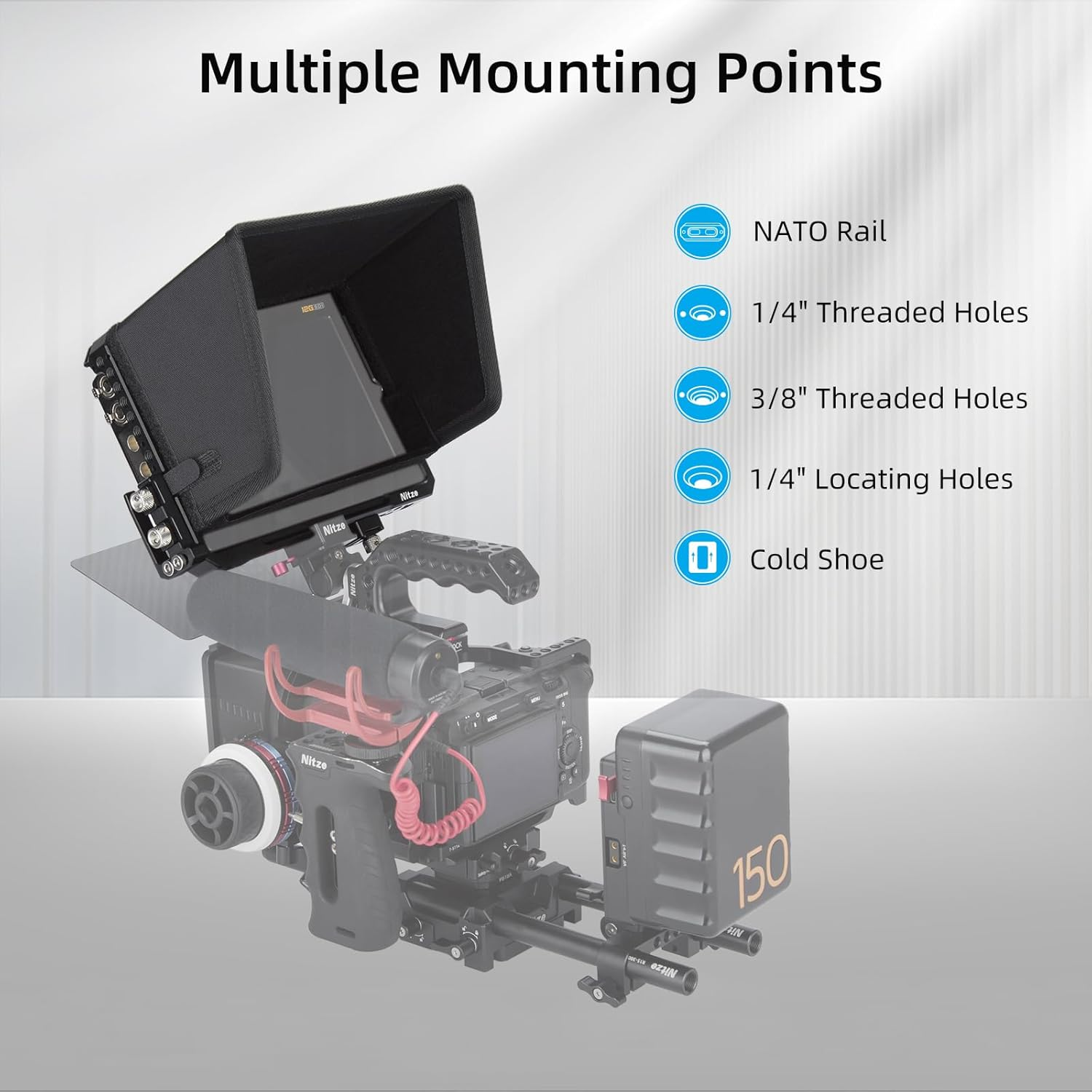 Nitze Cage for Blackmagic Design Video Assist 7" 12G Monitor with Sunhood, HDMI Cable Clamp and USB-C Cable Clamp - JT-B02B image number 4
