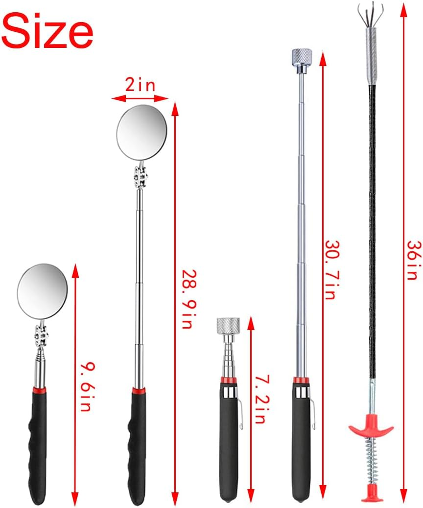 4 Pieces Telescoping Magnet Pick up Tool Set Extendable Claw Grabber Grabber Tool Bendable Spring Telescoping Inspection Mirror image number 1