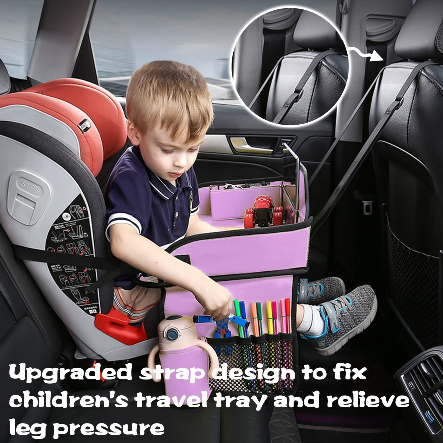 Lordap Kids Travel Tray for Toddler Car Seat,Toddler Car Seat Tray Organizer,Large Ipad Holder a Road Trip Essential,Soft Padding,Waterproof,Food & Snack Lap Tray Carseat,Stroller,High Chair (Pink) image number 5