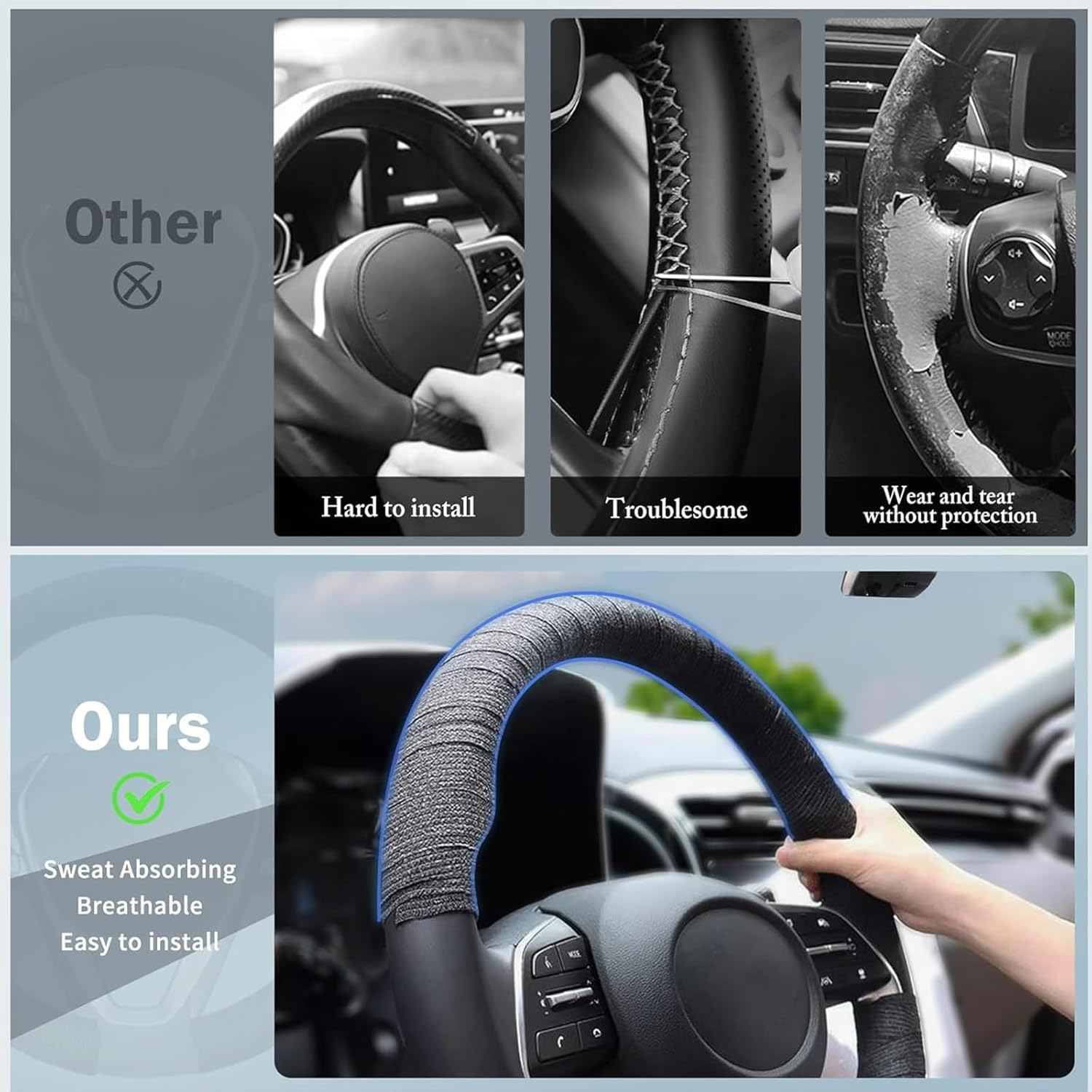 2 Rolls Steering Wheel Cover Tape, Universal Non-Slip Sweat Absorbent Wrap for Cars & Trucks, Breathable Elastic Tape for O/D-Shaped Steering Wheels (35.6-45.7 CM Diameter), Black image number 2