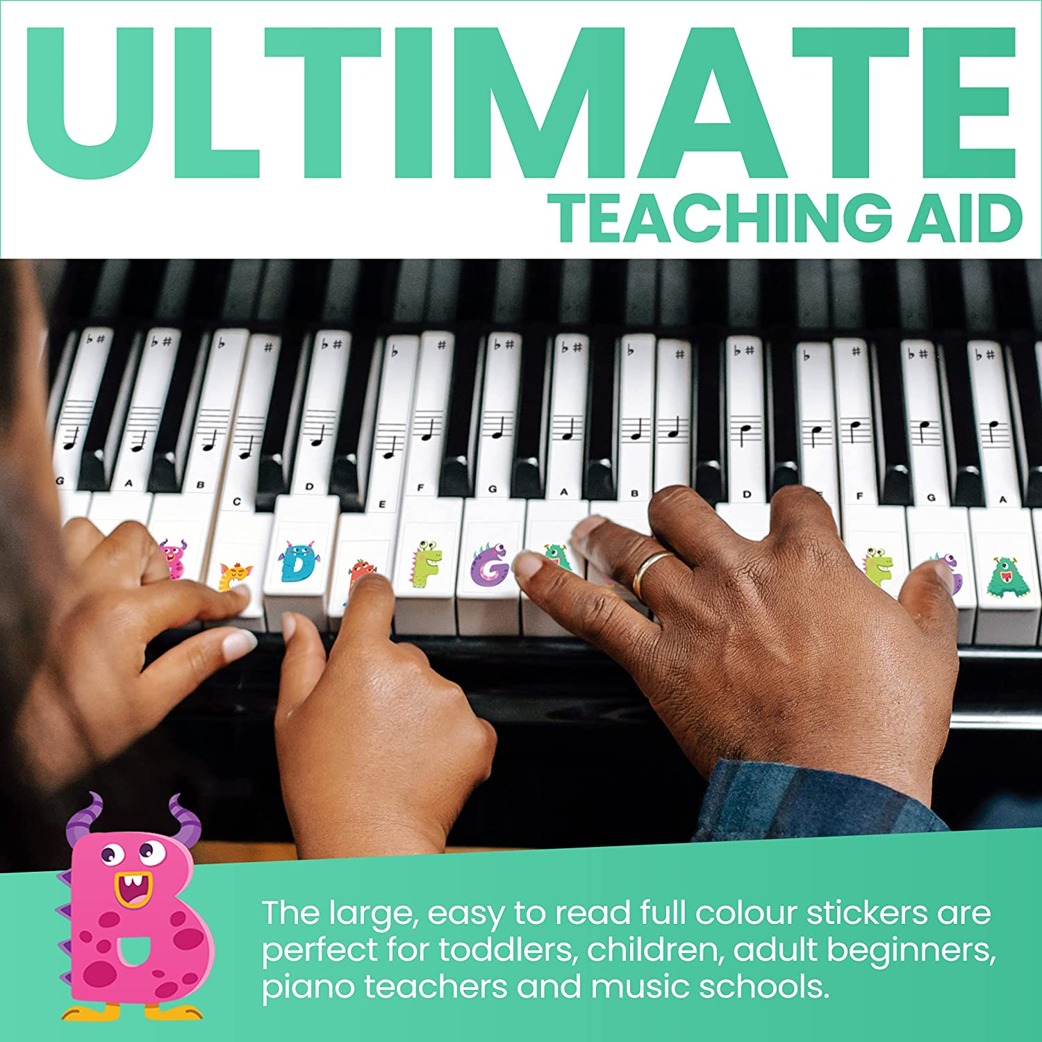 Crosby Monster Piano Stickers for Learning Piano or Keyboard - Transparent 88, 76, 61 & 49 Removable Key Set for Kids image number 6