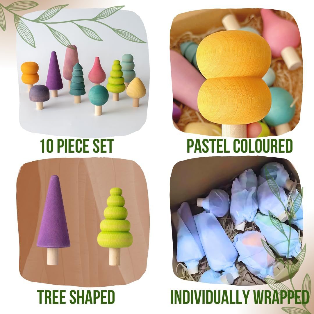 10Pcs Pastel Wooden Toys Tree Set Wooden Forest Various Sizes Natural Woodland Trees Creative Children'S Arts Sensory Toys Open Ended Montessori for Toddlers Montessori Toys for Babies image number 4